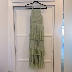 Lulu’s “Came for cocktails” sage green pleated tiered lace maxi dress